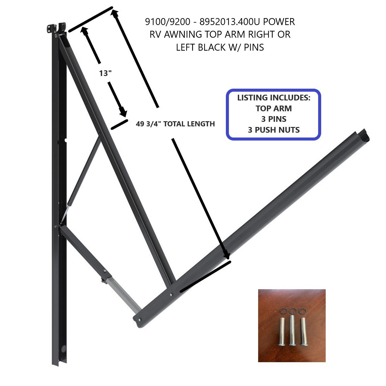 9100/9200 - 8952013.400U POWER RV AWNING TOP ARM RIGHT OR LEFT BLACK W/ PINS