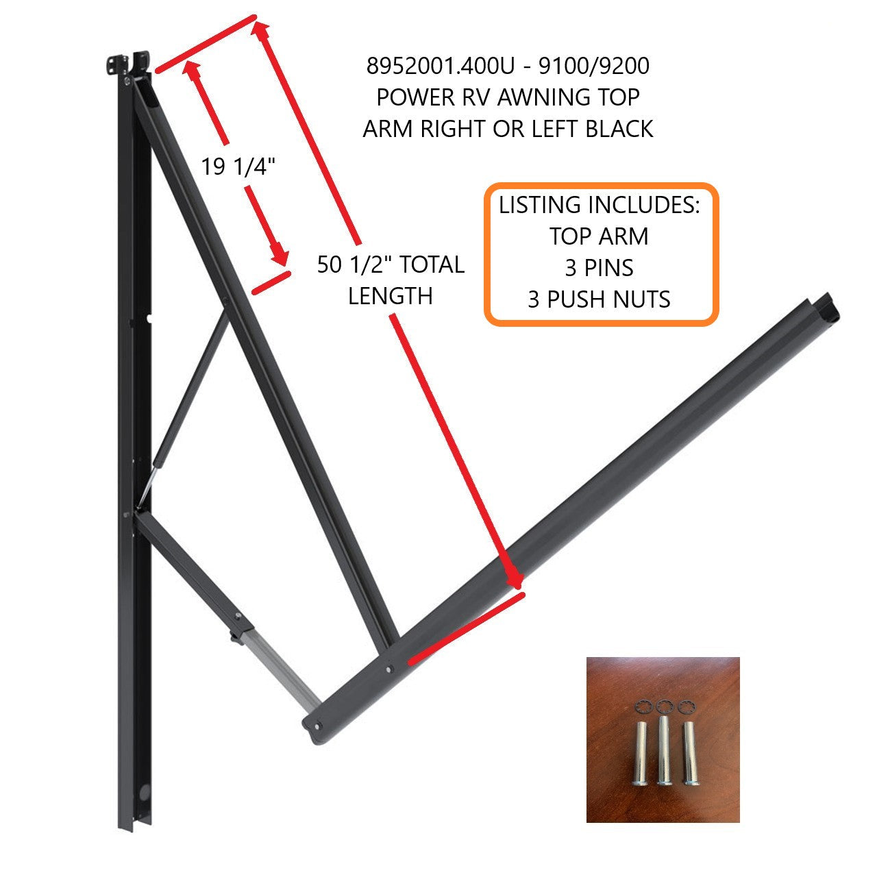 8952001.400U - 9100/9200 POWER RV AWNING TOP ARM RIGHT OR LEFT BLACK W/FASTENERS
