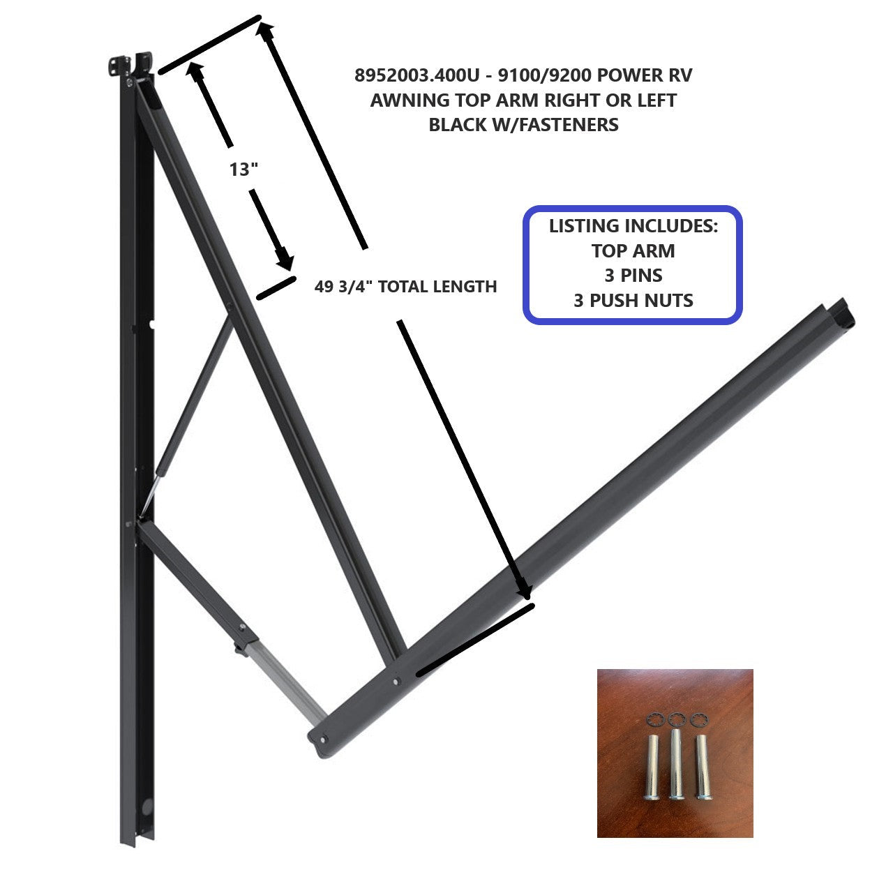 8952003.400U - 9100/9200 POWER RV AWNING TOP ARM RIGHT OR LEFT BLACK W/FASTENERS