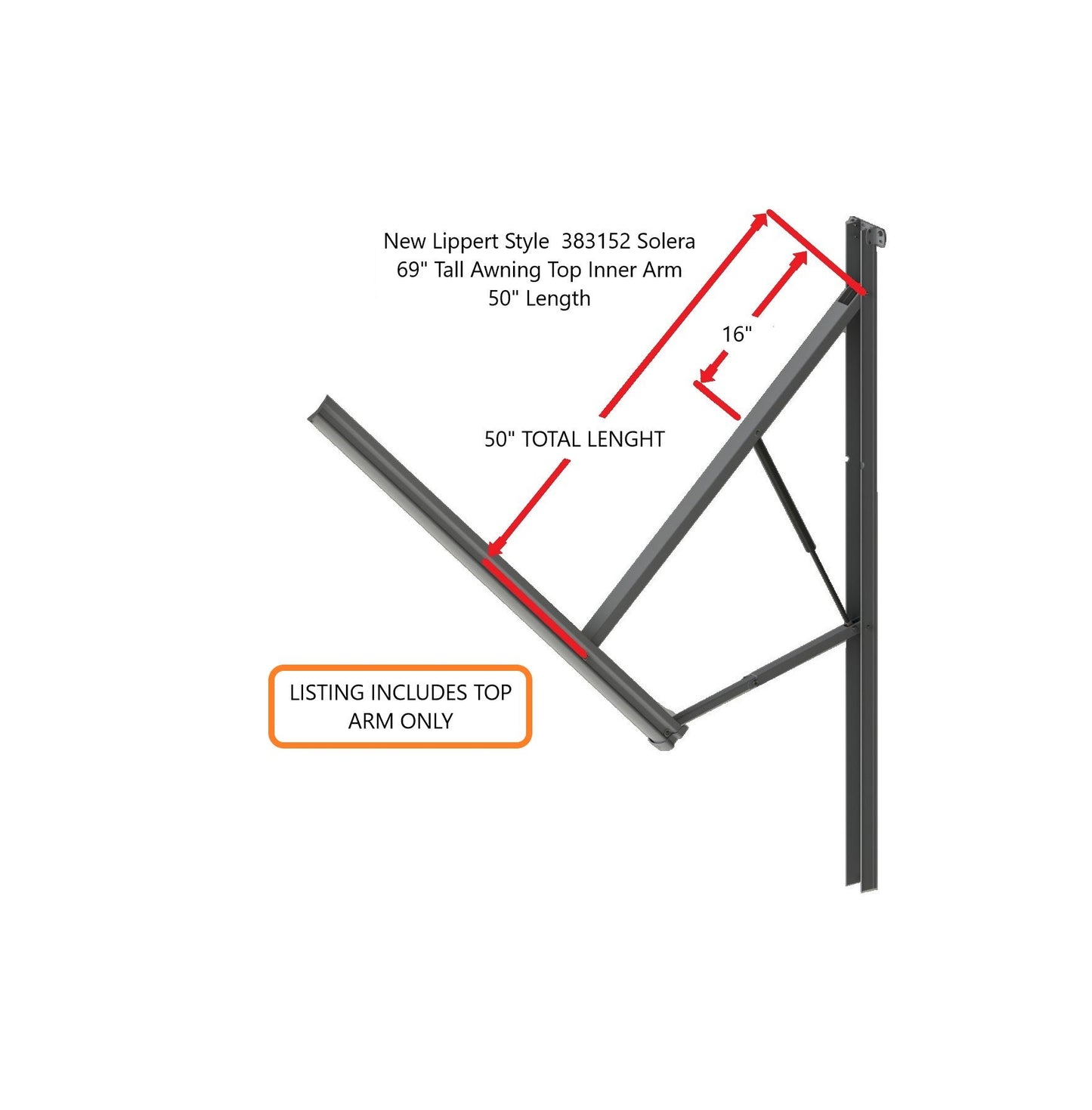 New Lippert Style 383152 Solera 69" Tall Awning Top Inner Arm 50" Length