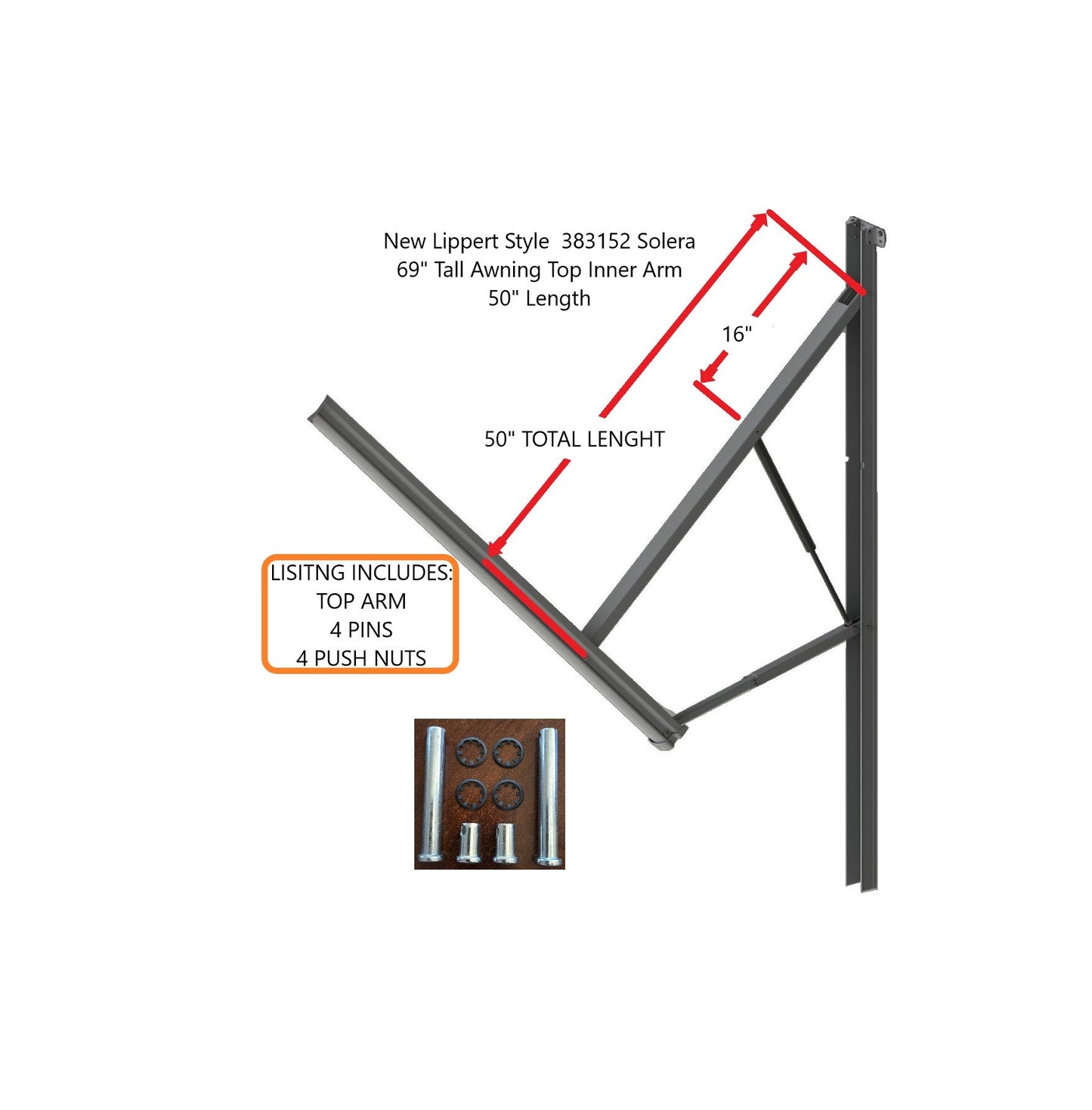 New Lippert Style 383152 Solera 69" Tall Awning Top Inner Arm 50" Length W/PINS