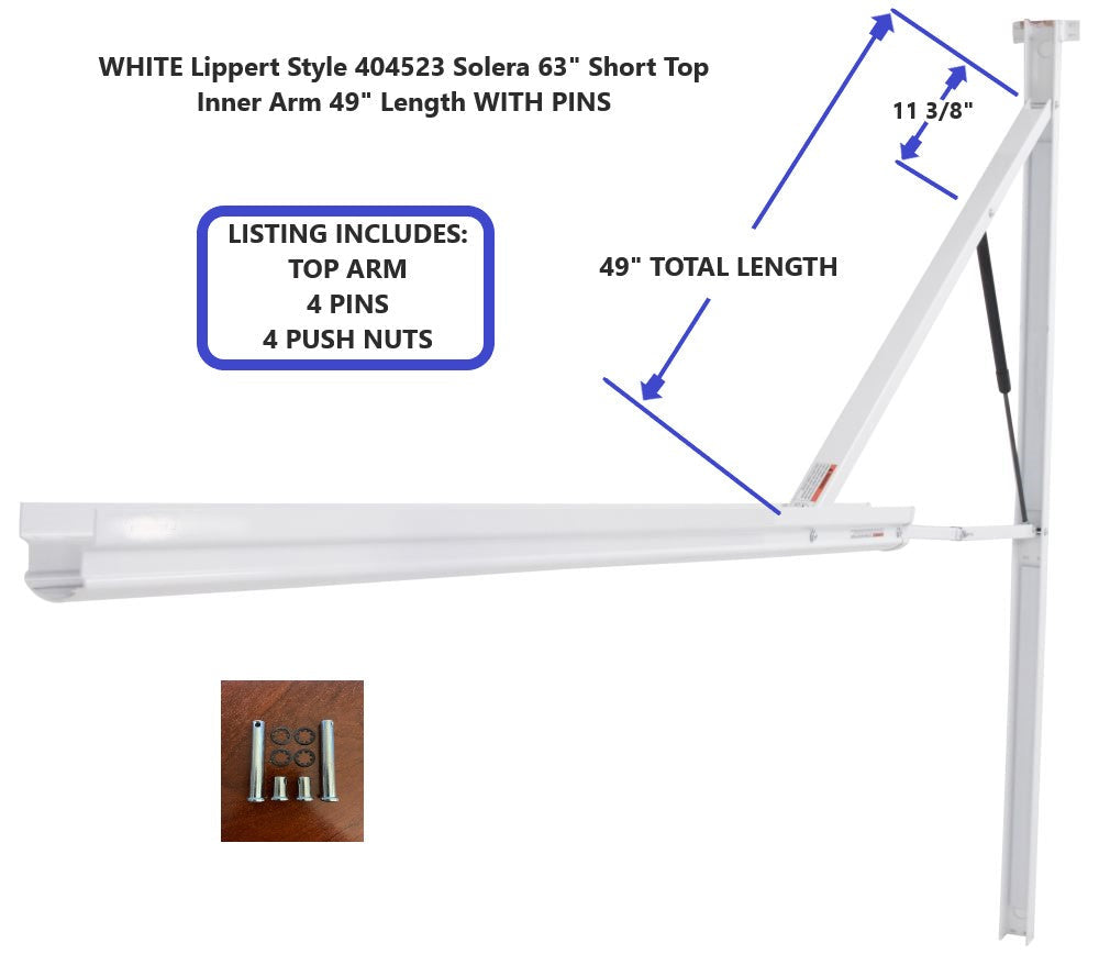 WHITE Lippert Style 404523 Solera 63" Short Top Inner Arm 49" Length WITH PINS
