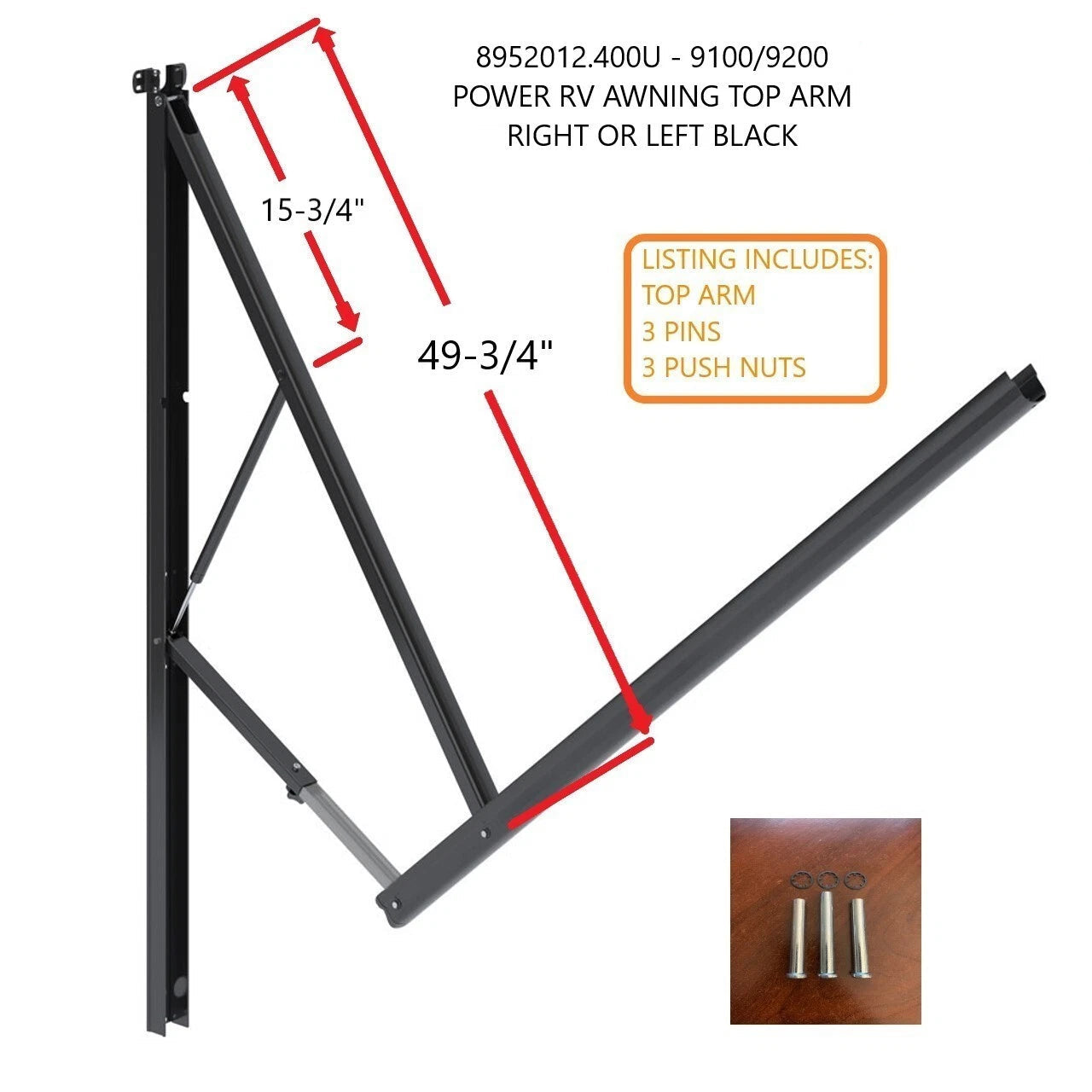 8952012.400U - 9100/9200 POWER RV AWNING TOP ARM RIGHT OR LEFT BLACK W/FASTENERS
