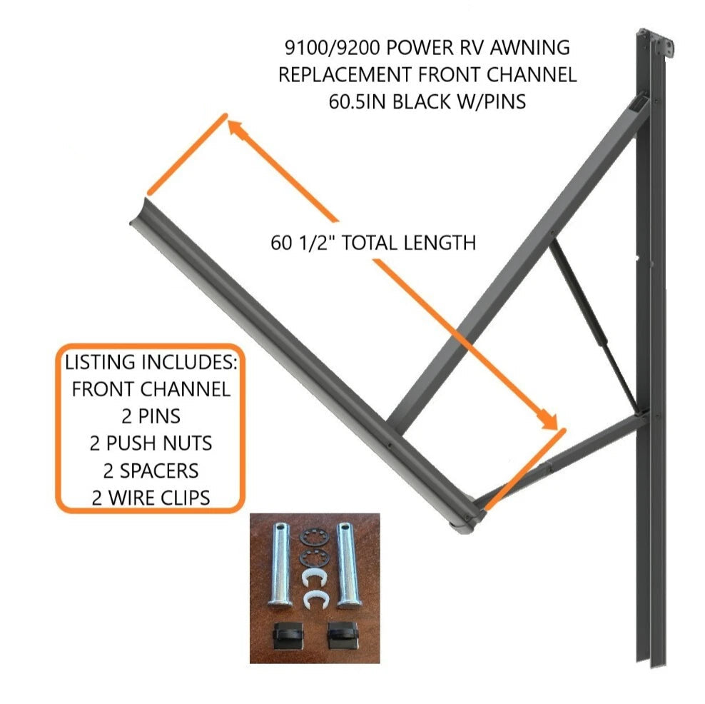 8952001.400UL 9100/9200 POWER RV AWNING REPLACEMENT FRONT CHANNEL 60.5IN BLACK W/PINS