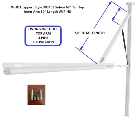 WHITE Lippert Style 383152 Solera 69" Tall Top Inner Arm 50" Length W/PINS