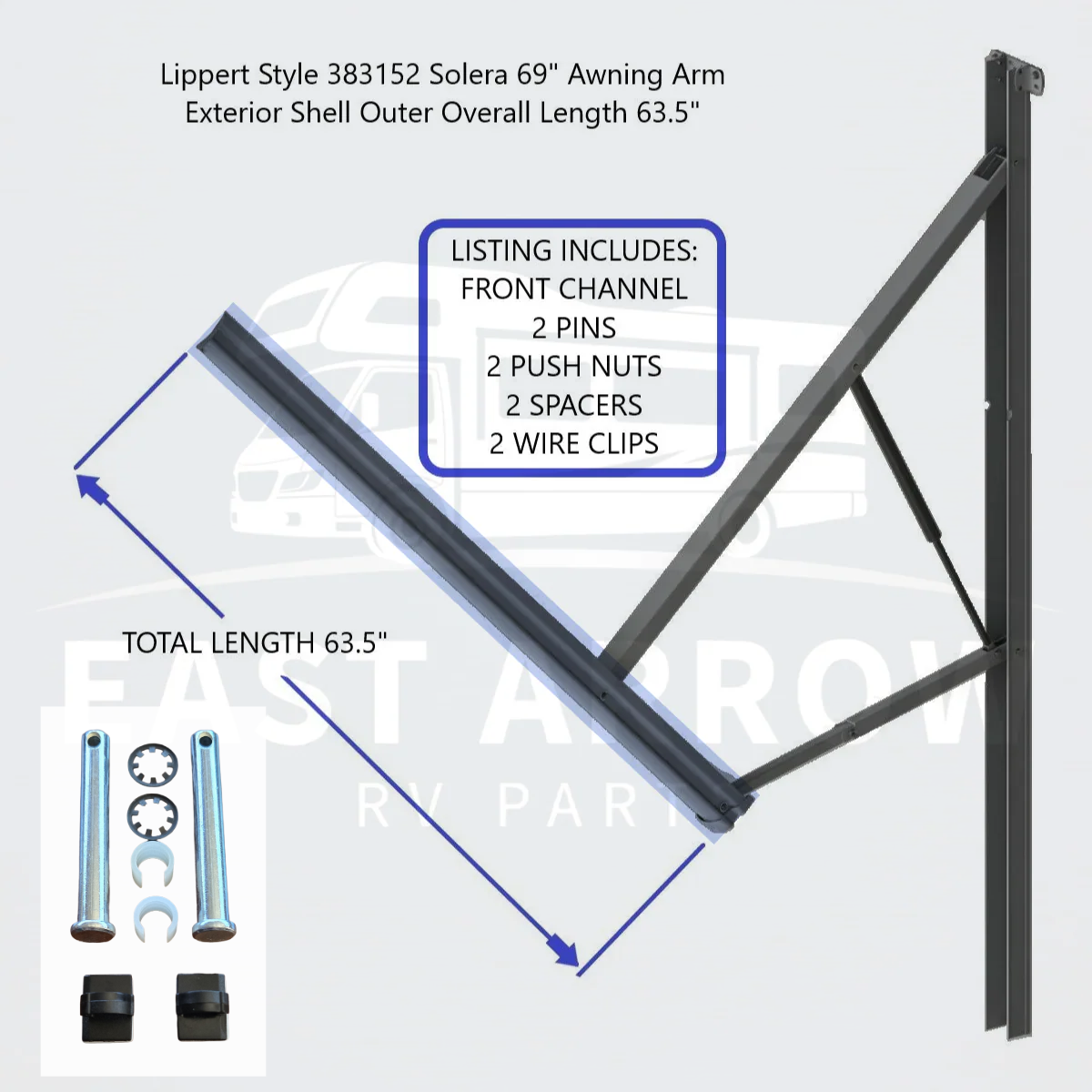 Lippert Style 383152 Solera 69" Awning Arm Exterior Shell Outer Overall Length 63.5"