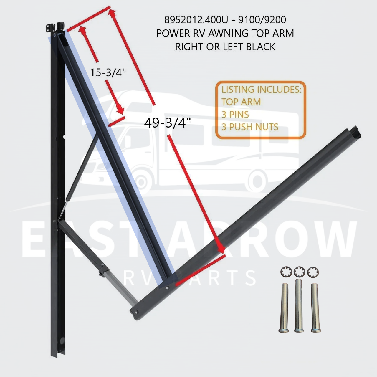 8952012.400U - 9100/9200 POWER RV AWNING TOP ARM RIGHT OR LEFT BLACK W/FASTENERS