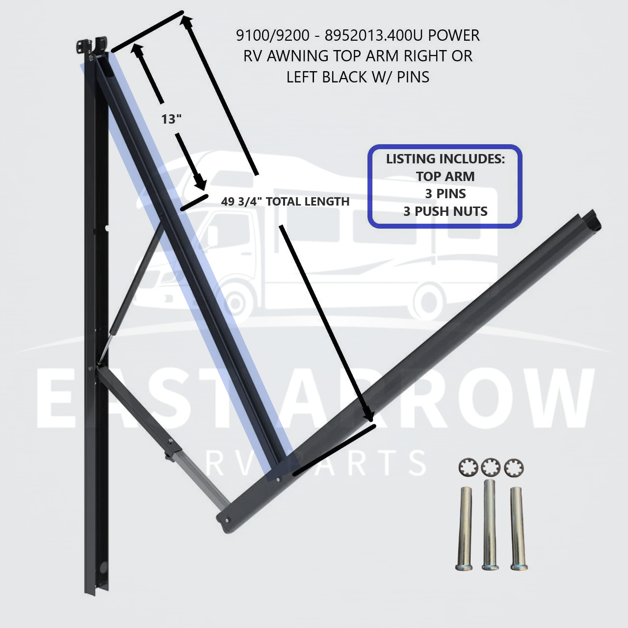 9100/9200 - 8952013.400U POWER RV AWNING TOP ARM RIGHT OR LEFT BLACK W/ PINS