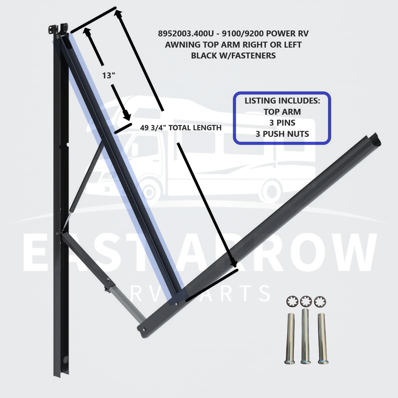 8952003.400U - 9100/9200 POWER RV AWNING TOP ARM RIGHT OR LEFT BLACK W/FASTENERS