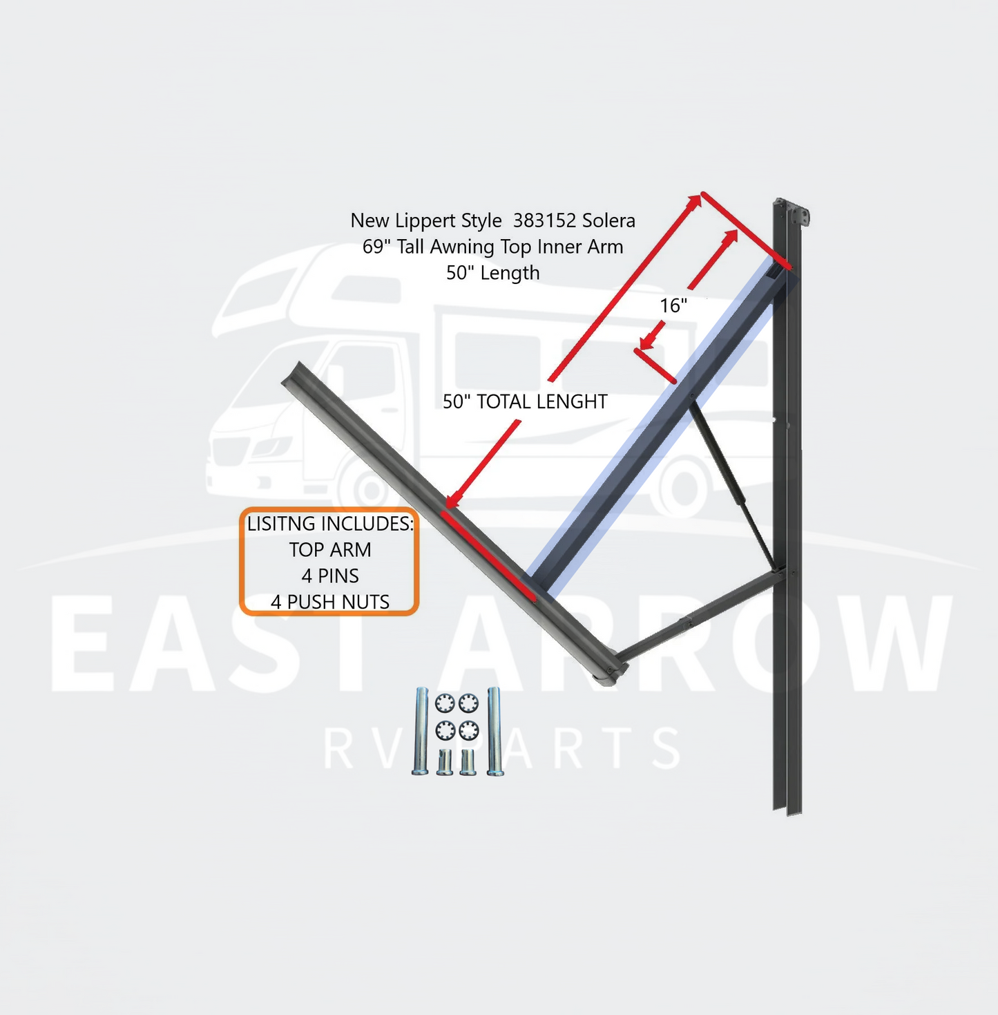 New Lippert Style 383152 Solera 69" Tall Awning Top Inner Arm 50" Length W/PINS