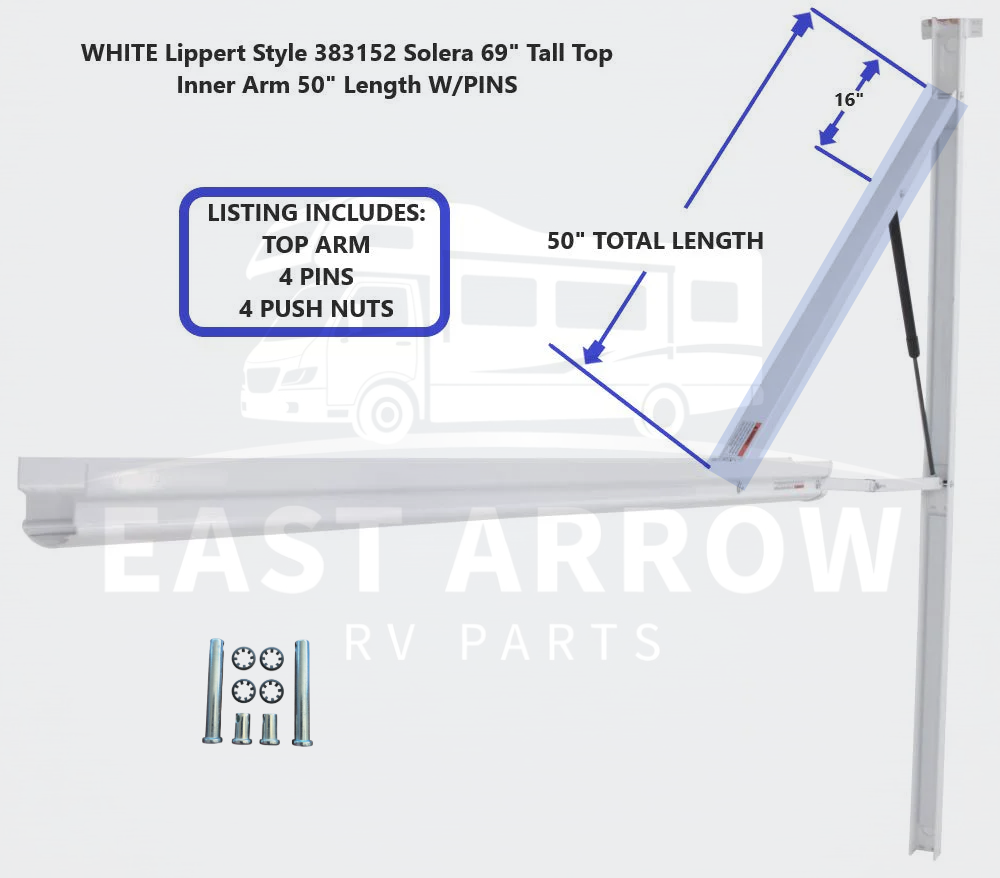 WHITE Lippert Style 383152 Solera 69" Tall Top Inner Arm 50" Length W/PINS
