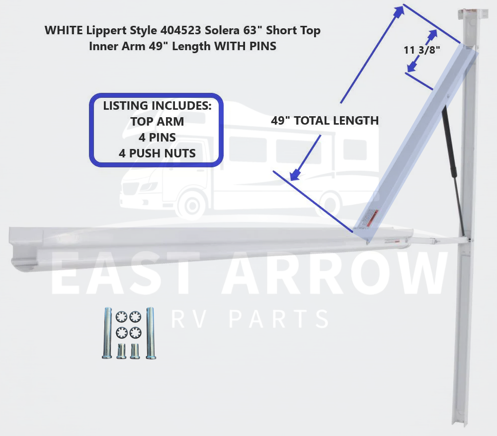 WHITE Lippert Style 404523 Solera 63" Short Top Inner Arm 49" Length WITH PINS