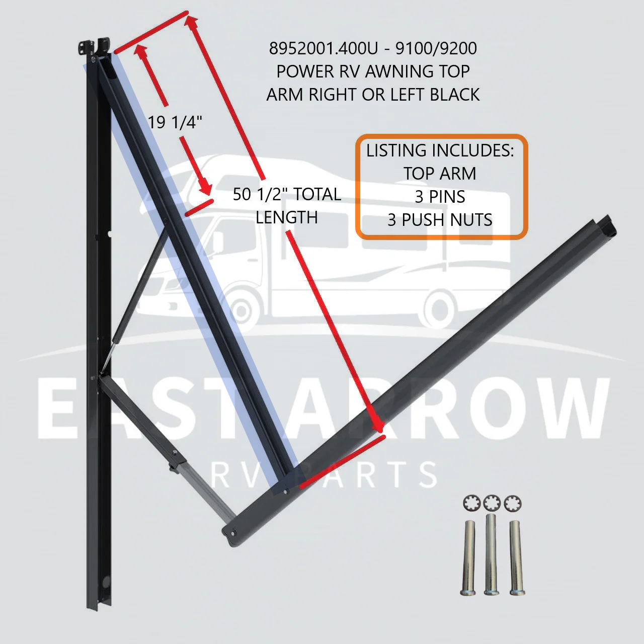 8952001.400U - 9100/9200 POWER RV AWNING TOP ARM RIGHT OR LEFT BLACK W/FASTENERS